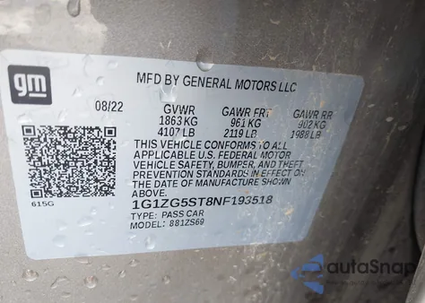 2022 Chevrolet Malibu Fwd Rs из США, поврежденный, VIN 1G1ZG5ST8NF193518